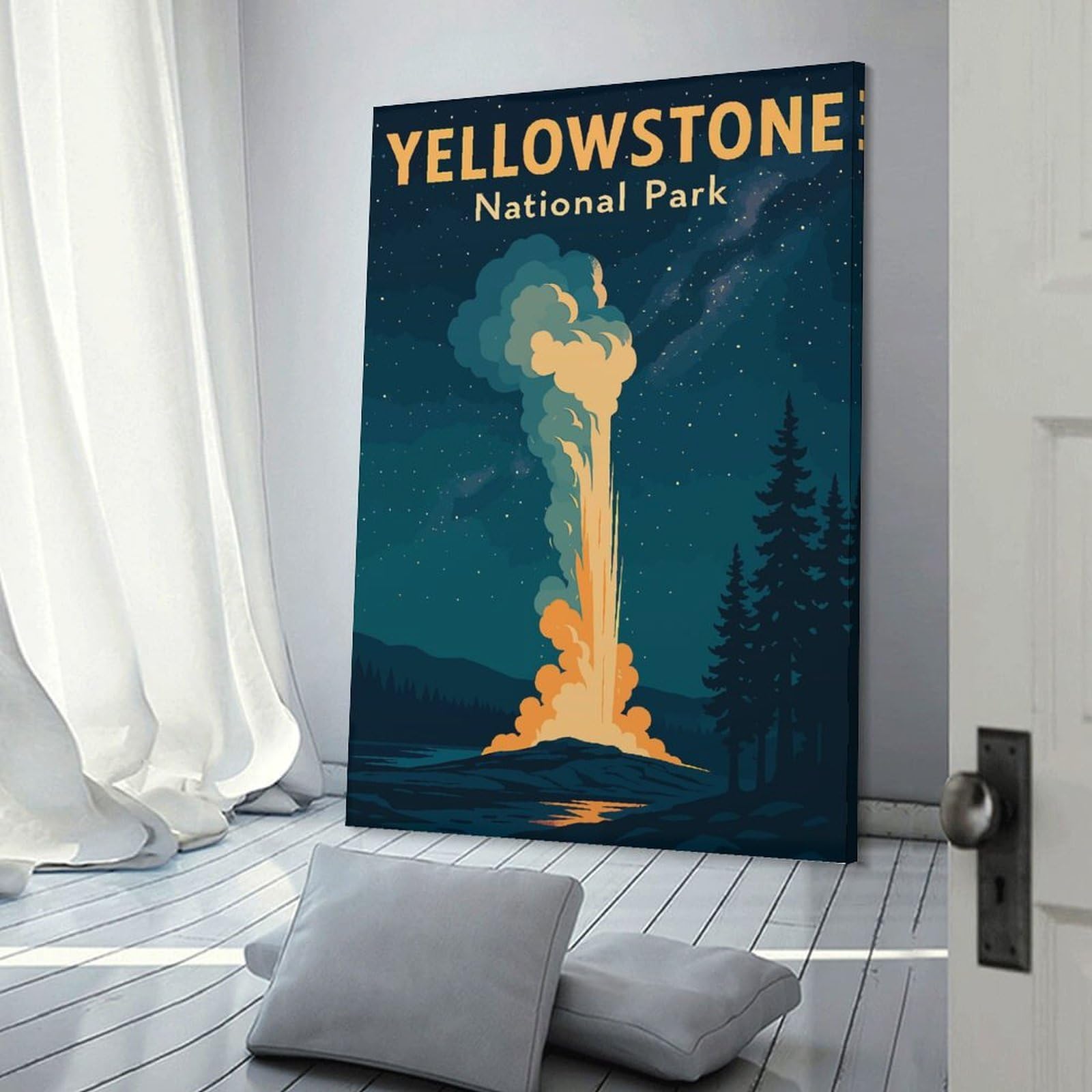 Junmoney Frame-Style-15 Yellowstone National Park Vintage Poster – Old Faithful Geyser Night Sky Wall Art Hanging Wall Art, 20X30inch(50X75cm), For Entrance Walls, Hall Decor Or Foyers, Wall Decor To Refresh Empty Corners