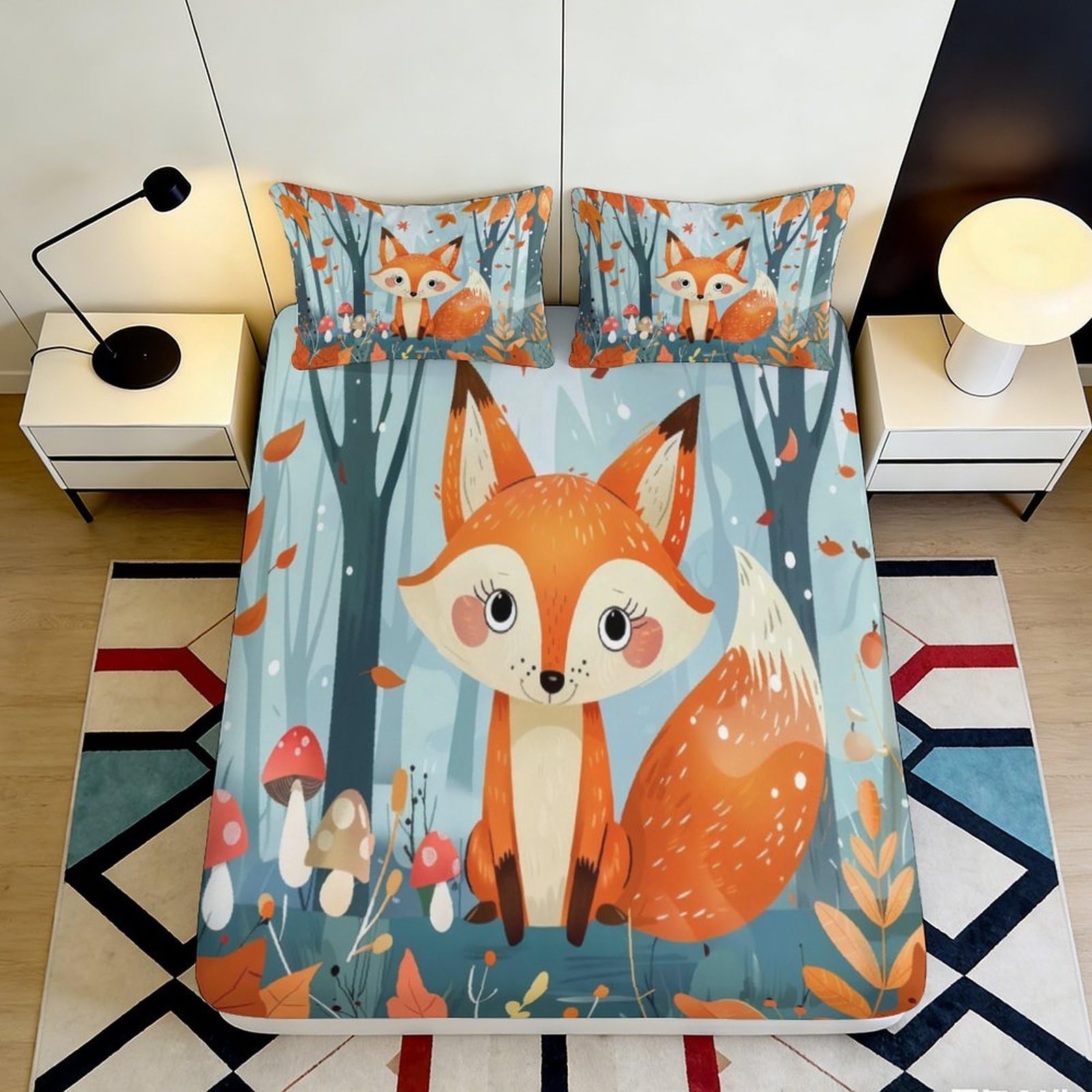 3D Printed Cute Fox Fitted Sheet Microfiber Soft Breathable Autumn Forest Bed Cover for Bedroom Dormitory Guest Room Mattress Protection 160x200x25cm