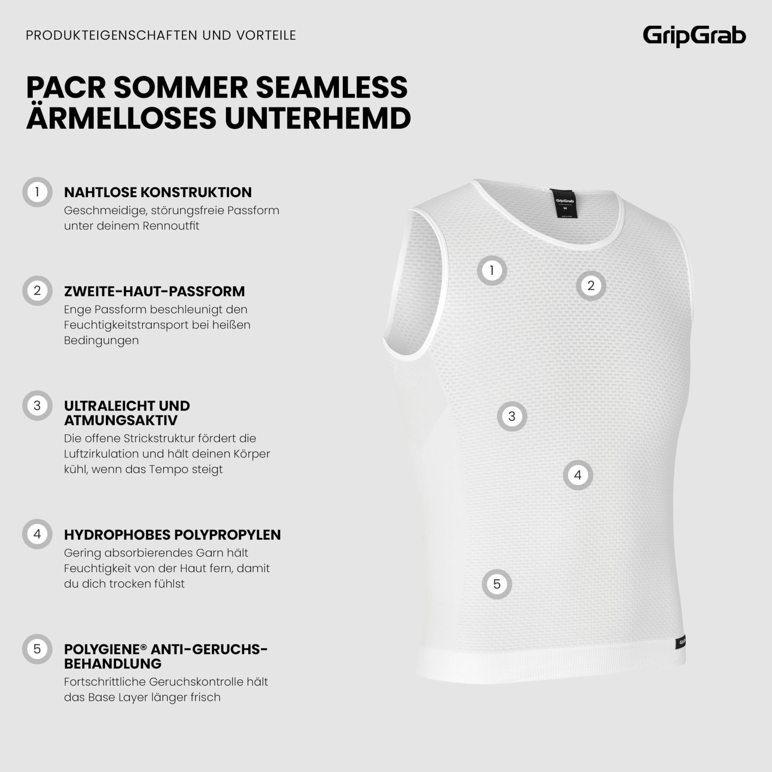 GripGrab PACR Sommer Seamless Ärmelloses Radsport Funktionsunterhemd Herren | Zweite-Haut-Passform mit Race Fit, flacher Kragen passt gut unter enge Trikots, kühlend, atmungsaktiv, Polygiene Behandlung