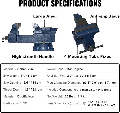 Miniatura 5 de PPUMP Tornillo de banco de 6 pulgadas de ancho de mandíbula de 5.5 pulgadas, apertura de mandíbula para el hogar, agarre seguro con base giratoria