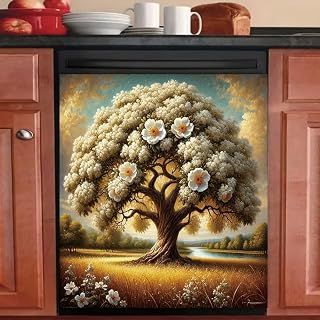 2D Flat Blooming Tree Dishwasher Magnetic Cover 23x26 Inch Golden Field River ArtisticAppliance Magnet Nature Landscape Kitchen Decor for Dishwasher Fridge