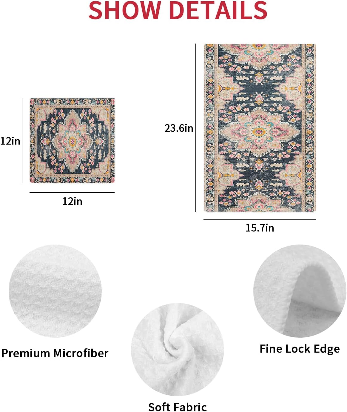 Microfiber Dishcloths for Kitchen, Black Boho Oriental Medallion Retro Distressed Bohemian Quick Drying Absorbent Waffle Weave Dish Towels Lint Free Kitchen Towels Dish Rags Cleaning Cloths, 3 Pack