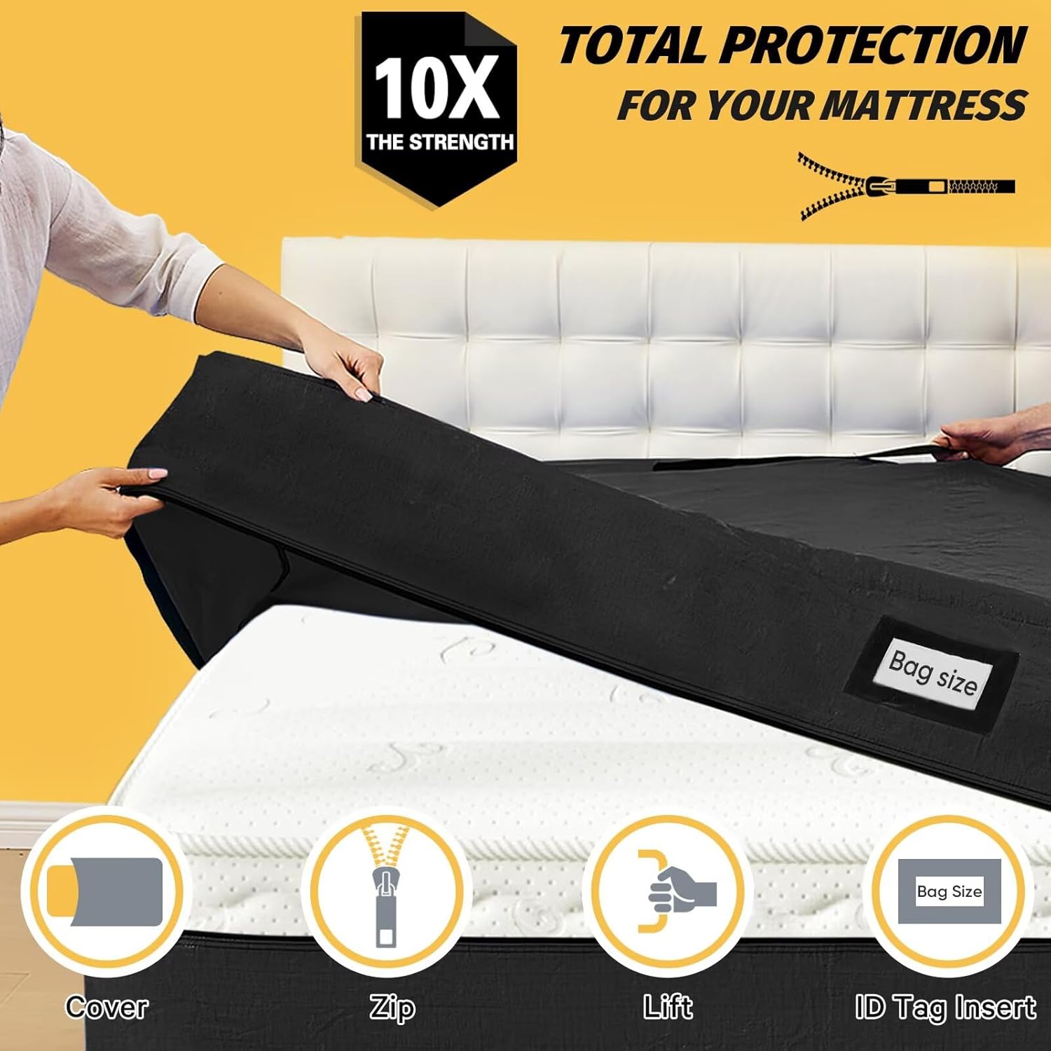 Mattress Bags for Moving and Storage, BETU Twin Mattress Protector Waterproof Mattress Cover with 8 Heavy Duty Handles and Zipper Extra Thick Moving Supplies for Dorm Bed Reusable (77x42x13.5 Black) - Image 2