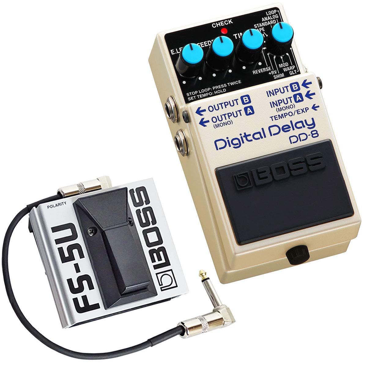 Boss DD-8 Digital Delay - Dispositivo per effetti + pulsante FS-5U + cavo patch Keepdrum, 30 cm