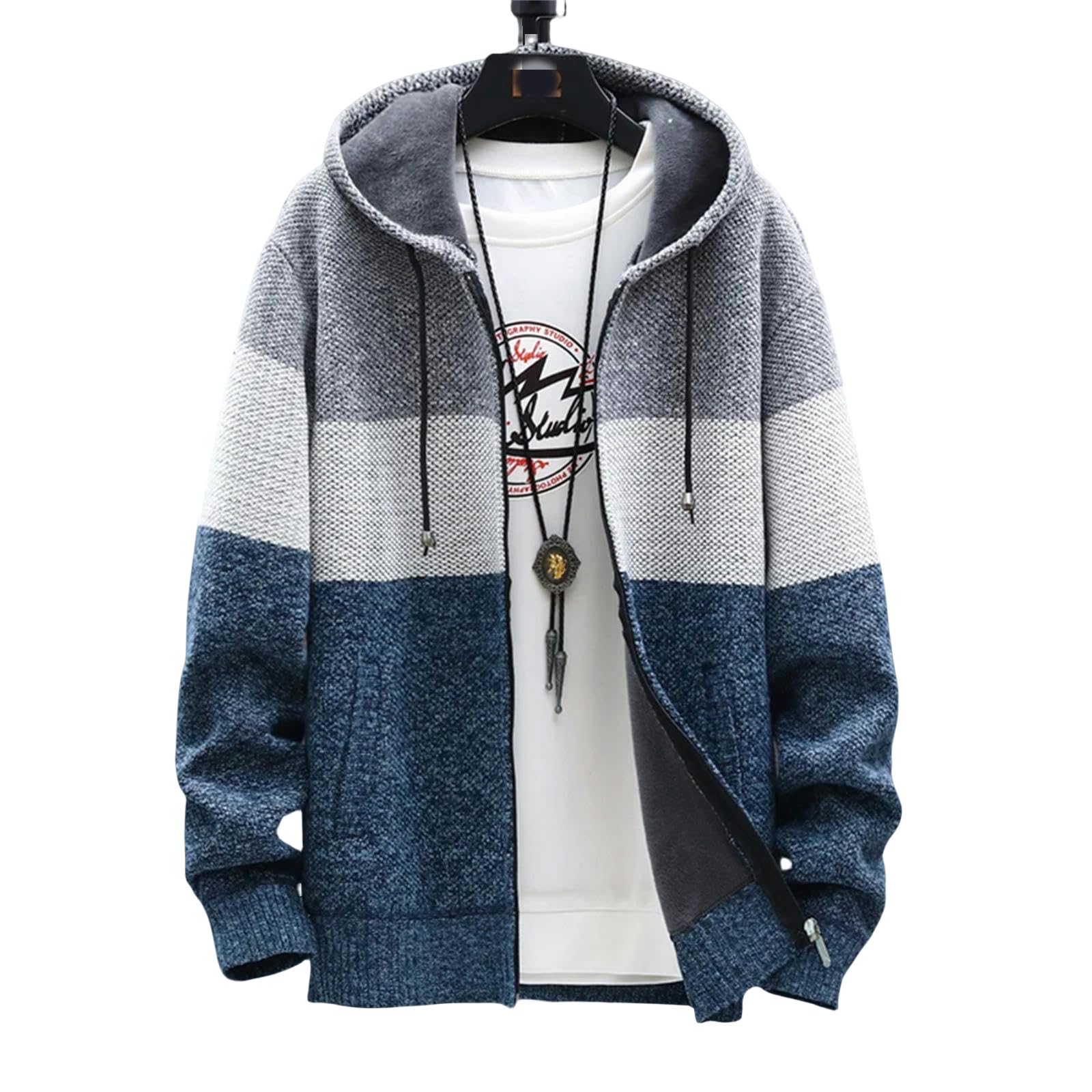 Sweter męski zimowy ciepły dzianinowy sweter z dzianiny duży rozmiar luźny sweter z kapturem 4xl-niebieski-3xl 80-85 kg