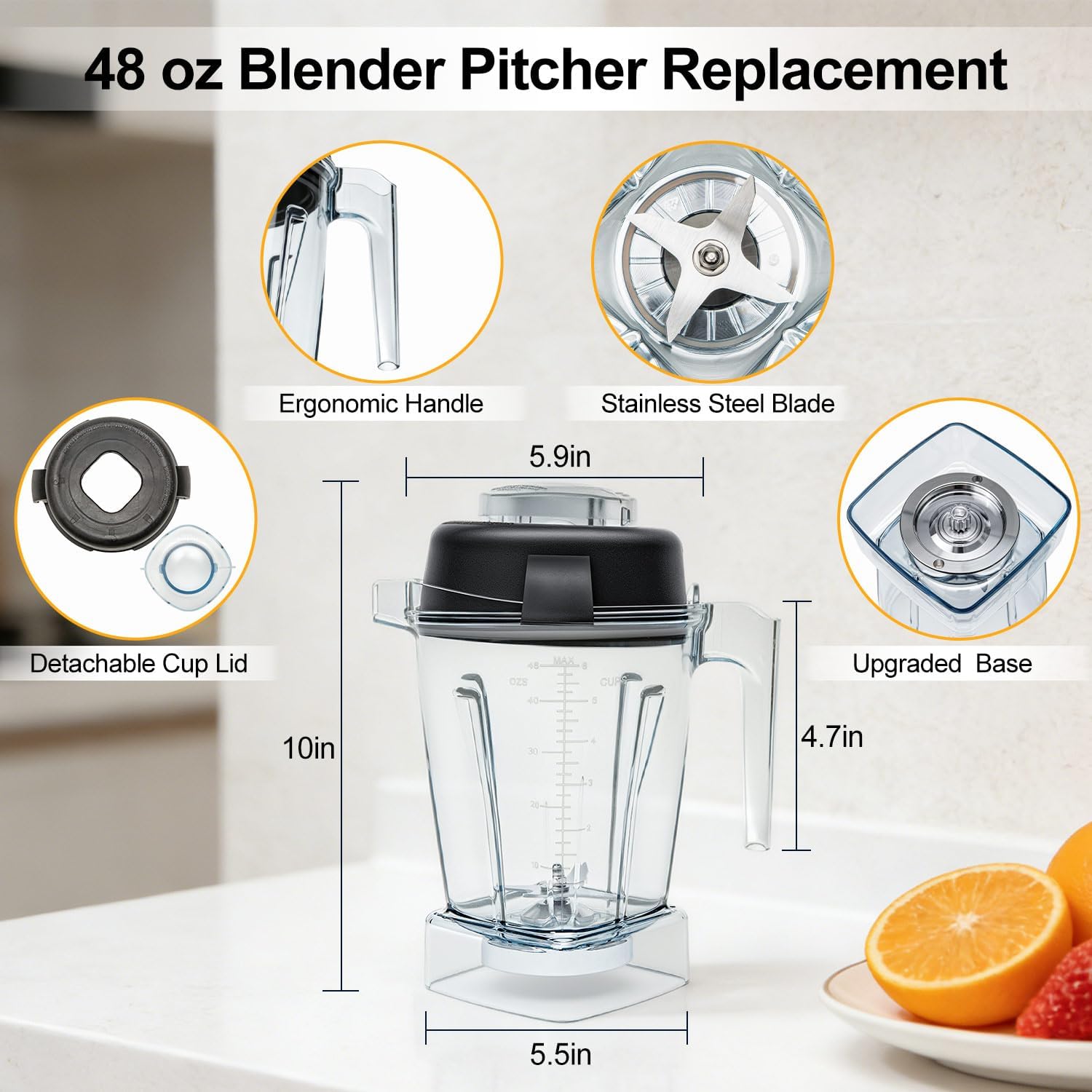 Blender Pitcher 48oz, Compatible with Vitamix 750 5300 5200 5000 7500 6300 Vm0102 Vm0103 Vm0197 E310 A-Series (A2500, A3500), Venturist Laser-Cut Stainless Steel Blades