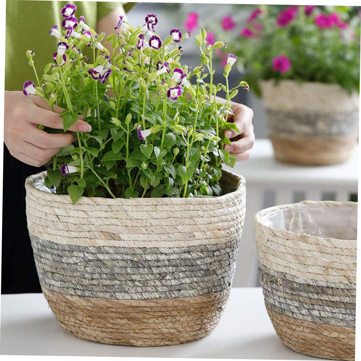DOITOOL Paniers Tressés en Paille Cache-Pot Décoratif Lot de 2 Créant Une Ambiance Estivale Chaleureuse pour Plantes et Fleurs pour Terrasse
