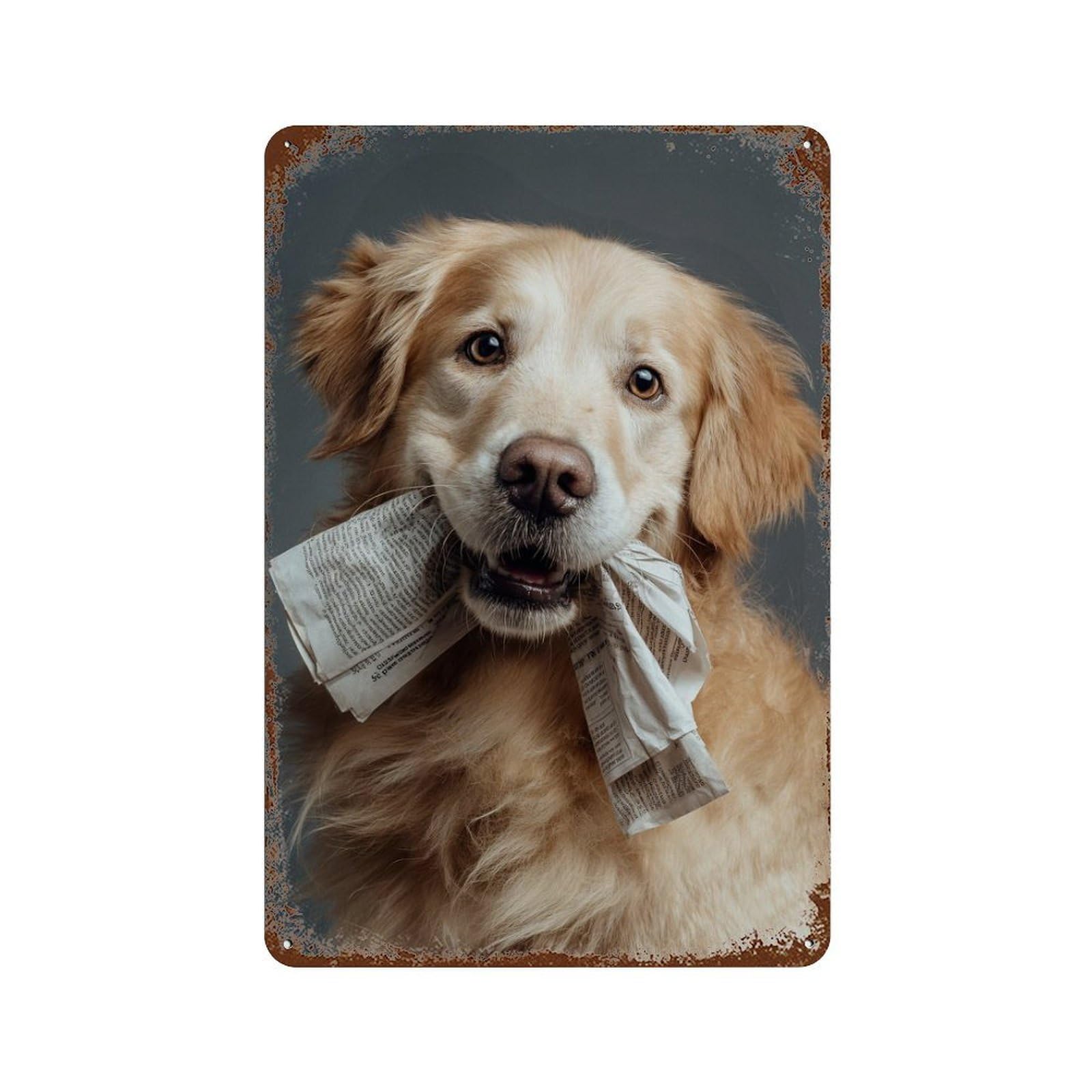 Golden Retriever with Newspaper Bow Tie Decorative Tin Sign 11.8"x7.9", for Garage, Bar And Workshop Decor, Novelty Wall Decor