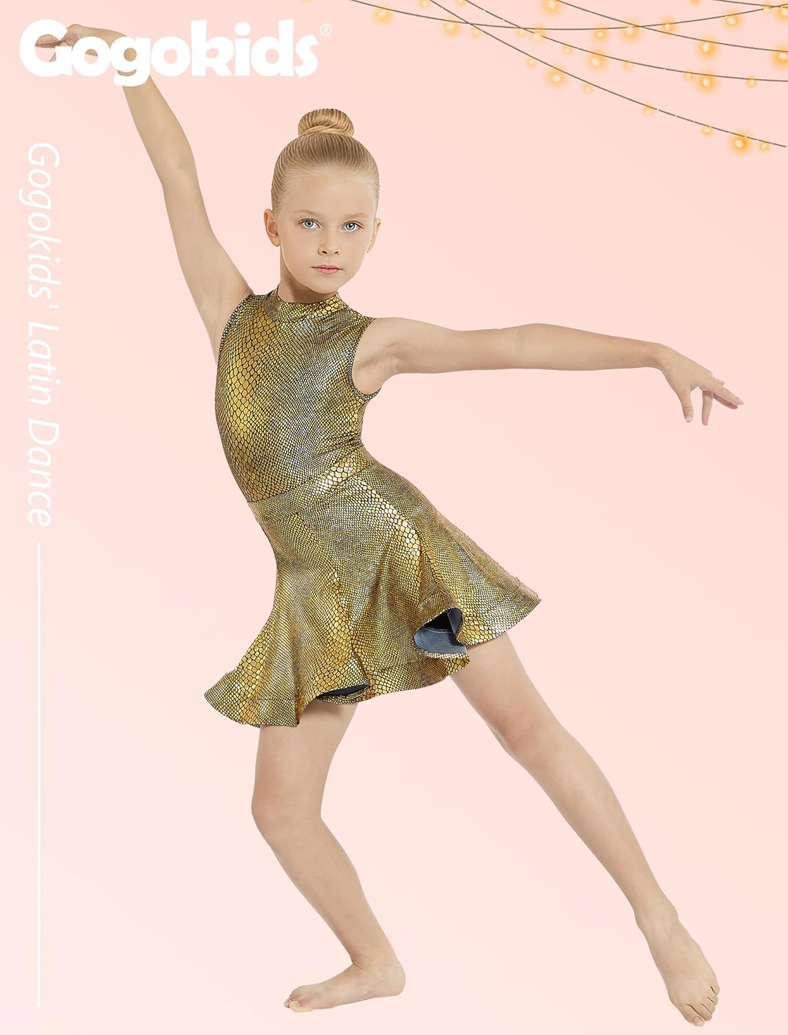 Gogokids 2Pcs Girls Latin Dance Dress Sparkly Ballet Tango Dancewear Rumba Samba Costume with Removable Flare Skirt 5-12Y