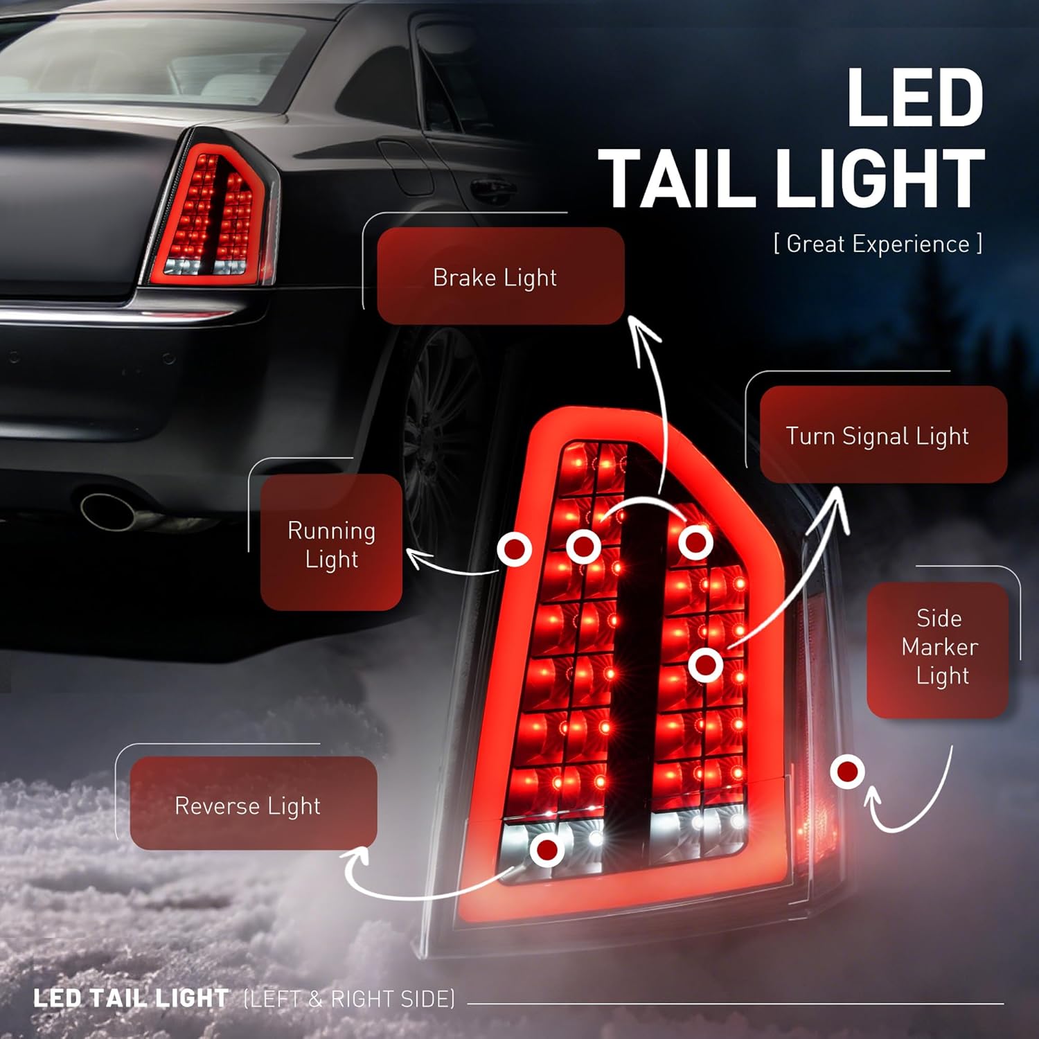 HECASA Pair LED Tail Lights Compatible with 2008-2010 Chrysler 300C Tail Rear Brake Light Lamp w/LED Tube Left&Right Side Clear Lens Black Housing