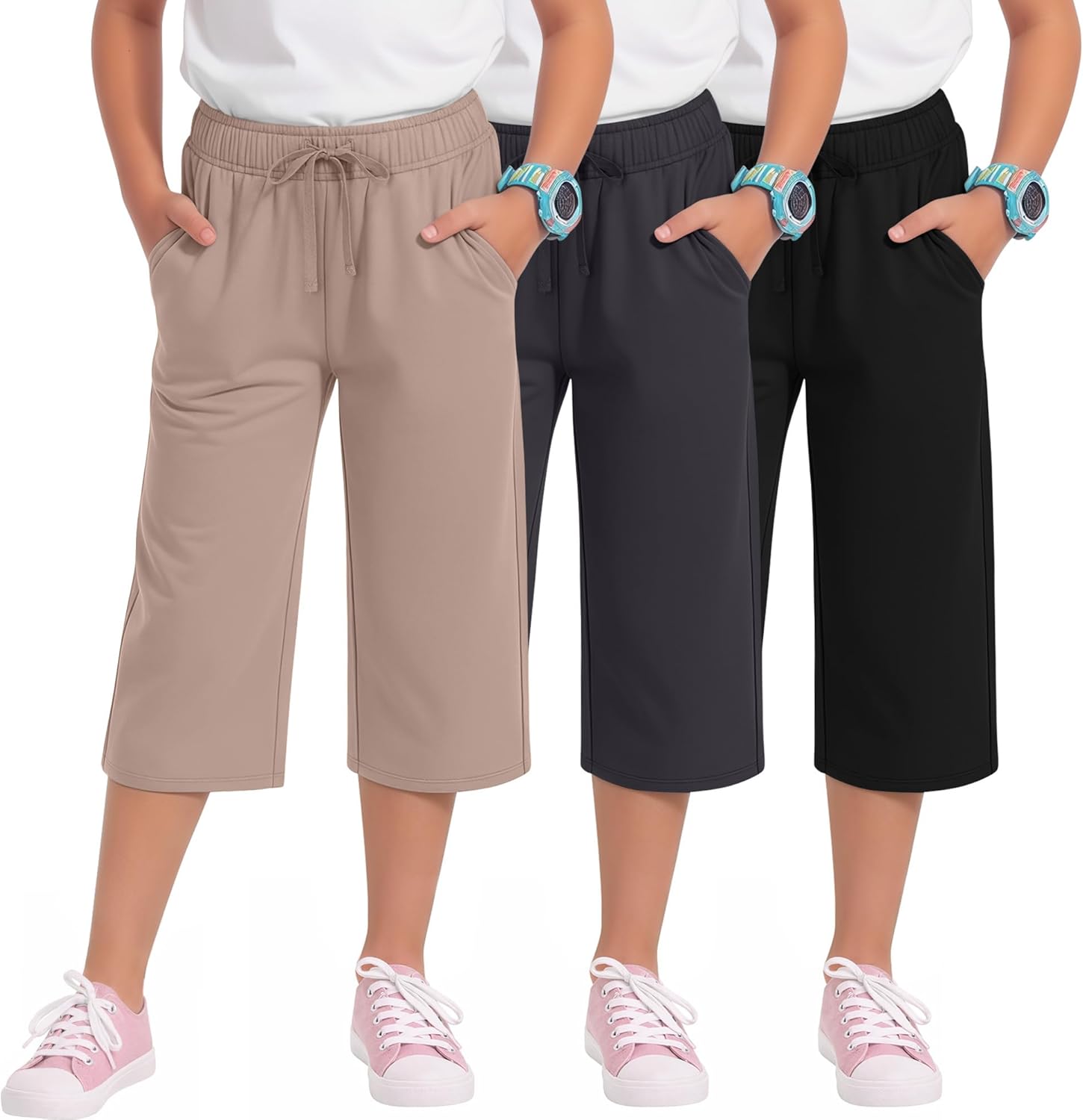 3 Pack Girls' Capri Pants with Pockets Wide Leg Drawstring Capris Summer Kid Loose Straight Cropped Sweatpant 5-14Y