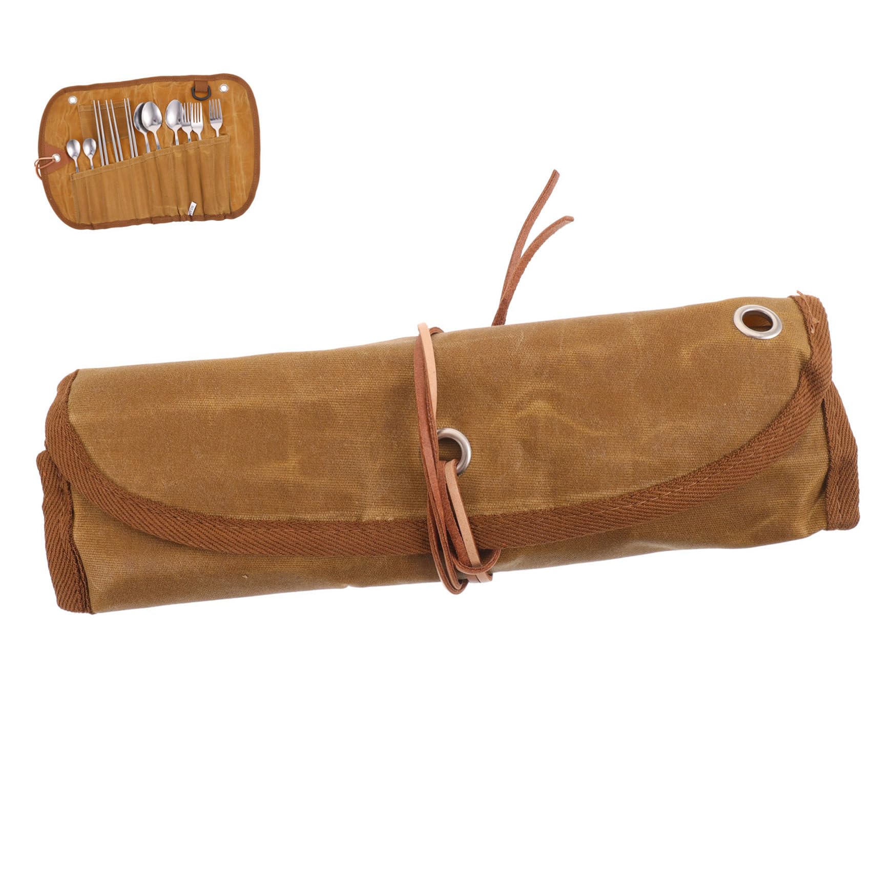 VICASKY Ensemble de Couverts de Pique-niques en Acier Inoxydable avec Paquet en Toile Marron, Compartiment Intégré pour Organiser Ustensiles, pour Randonnée et Camping