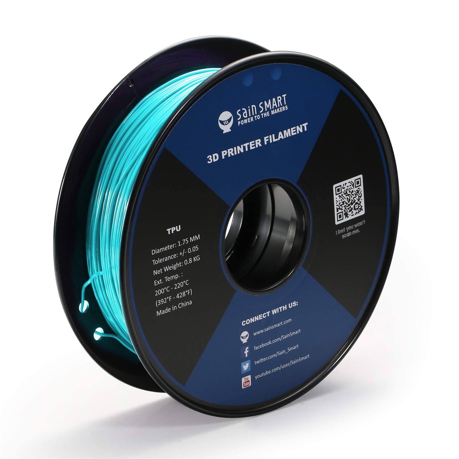SainSmart Neon Color TPU, 1.75mm Flexible TPU 3D Printer Filament 800g, Dimensional Accuracy +/- 0.05 mm, Neon Cyan, a Greenish-Blue Color