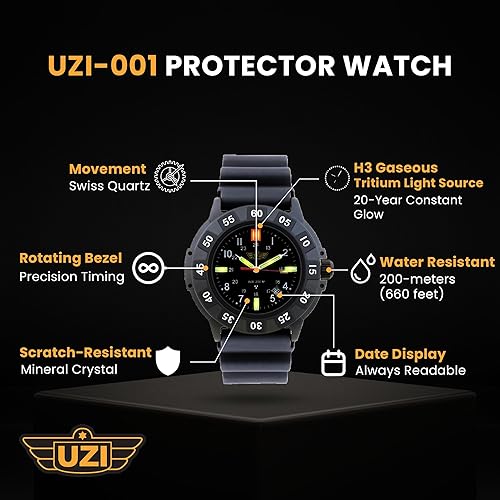 Miniatura 3 de Uzi Reloj suizo de tritio militar para hombre, esfera negra, correa de goma y nailon, resistente a los arañazos, resistente al agua 20ATM, cuarzo