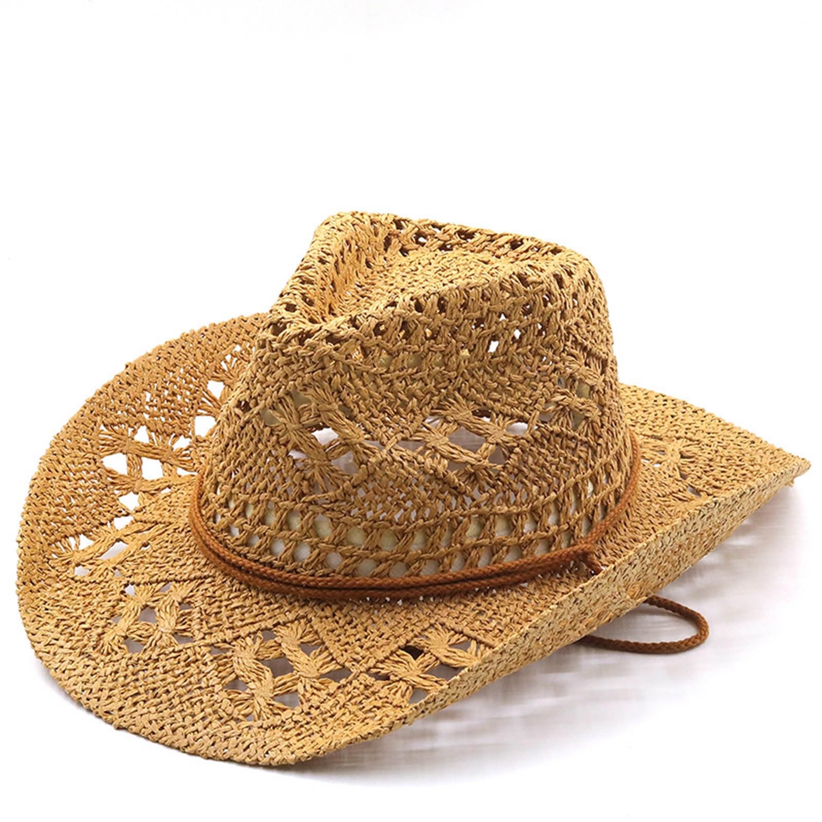 pvucpot Chapeau de Cowboy Western pour Femme et Homme - Été Shapeable Paille Creusé Soleil Casquette pour Voyage Plage Extérieur Pêche