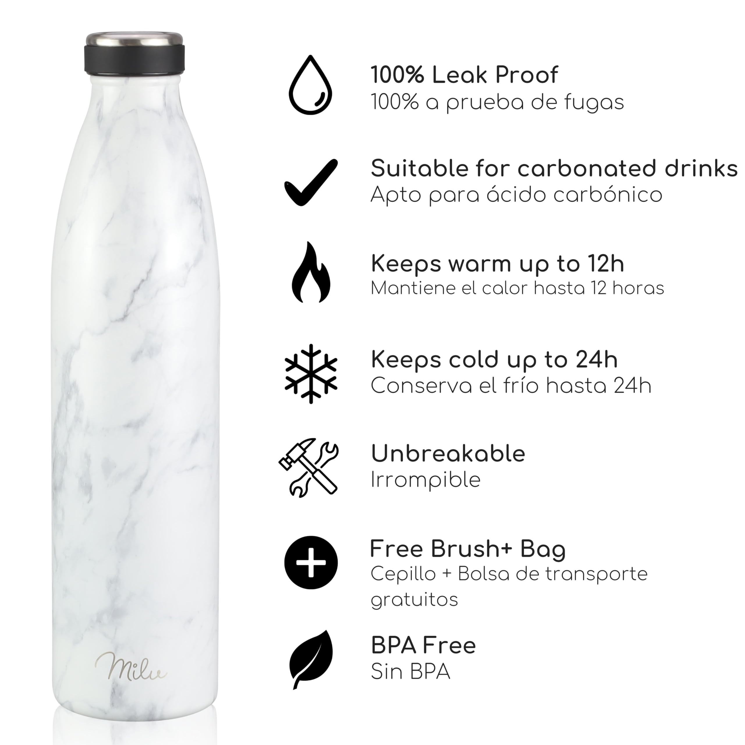 Milu Botella de acero inoxidable de 350ml 500ml 750 ml 1 L 1,5 L botella de agua aislada, termo a prueba de fugas, doble pared, apta para ácido carbónico + cepillo de limpieza (Azul Violeta, 350ml) — view 140