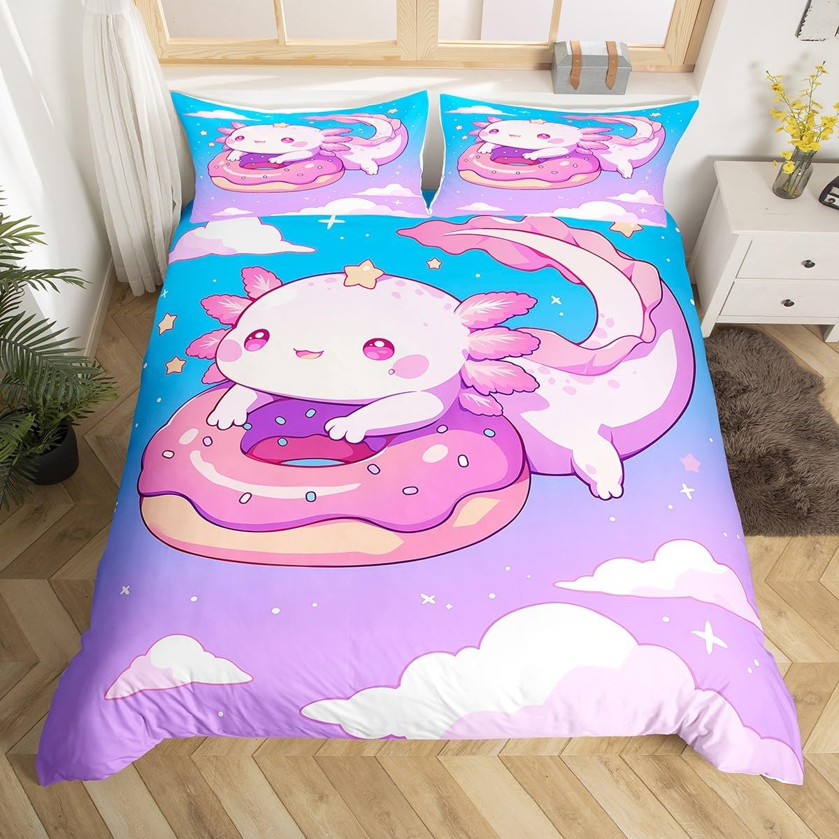 Manfei Sloth Duvet Cover Set Full Size,Colorful Bubbles Animals Comforter Cover 3pcs for Boys Teens Youth Child,Pink Blue Dreamy Girly Bedding Set 2 Pillowcases(No Comforter)
