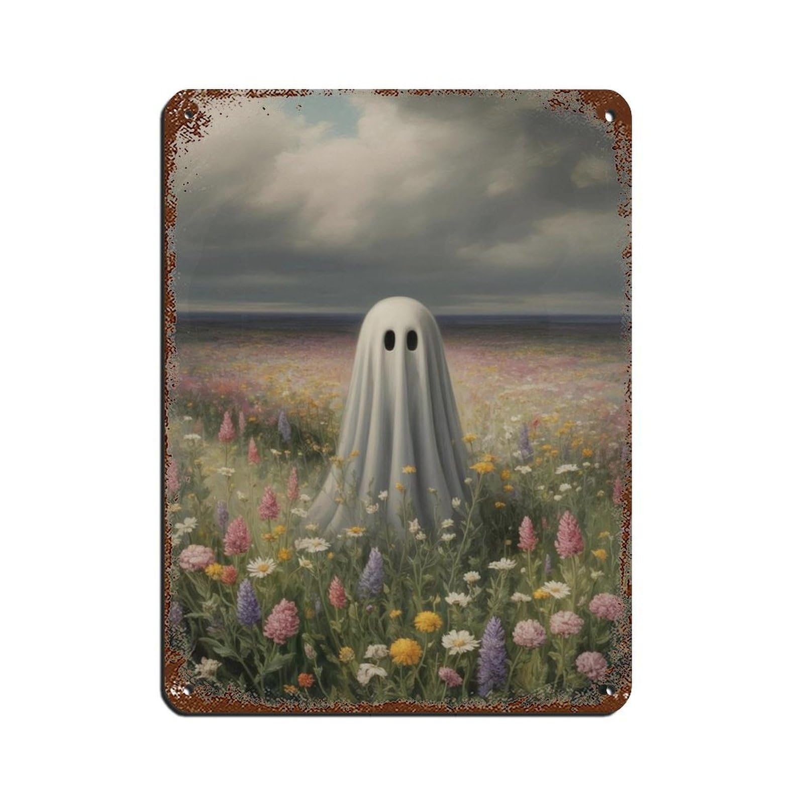 Ghost in The Wildflower,Cute Ghost Poster (2) Retro Poster Metal Tin Sign Chic Art Retro Iron Painting Bar People Cave Cafe Family Garage Poster Wall Decoration 12x16inch(30x40cm)
