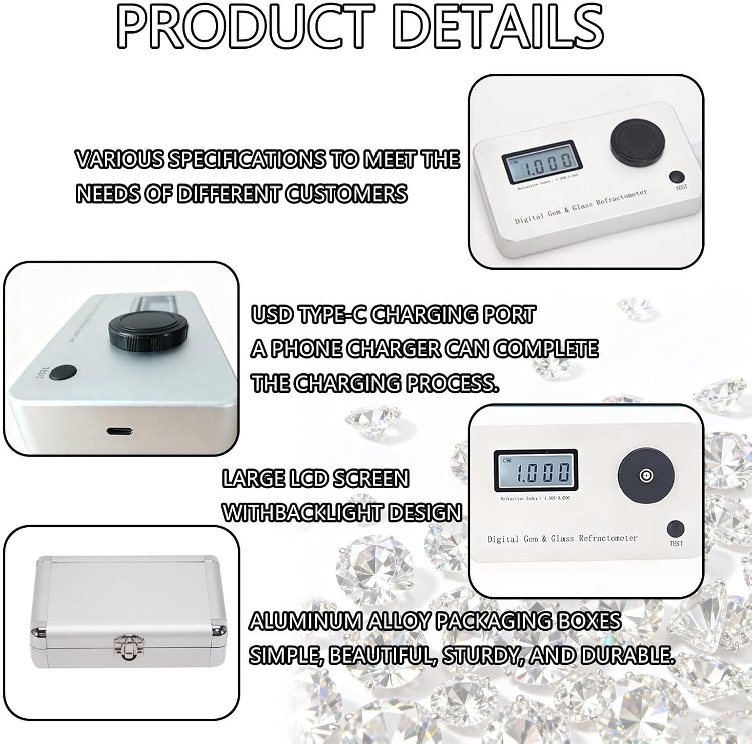 Gemstone Refractometer,Jewelry Tester Identification Tools,Refractive Index 1.300-3.000 with LCD Display and 700mAh Battery,Measuring Accuracy 0.001 Applicable to Various Gemstones
