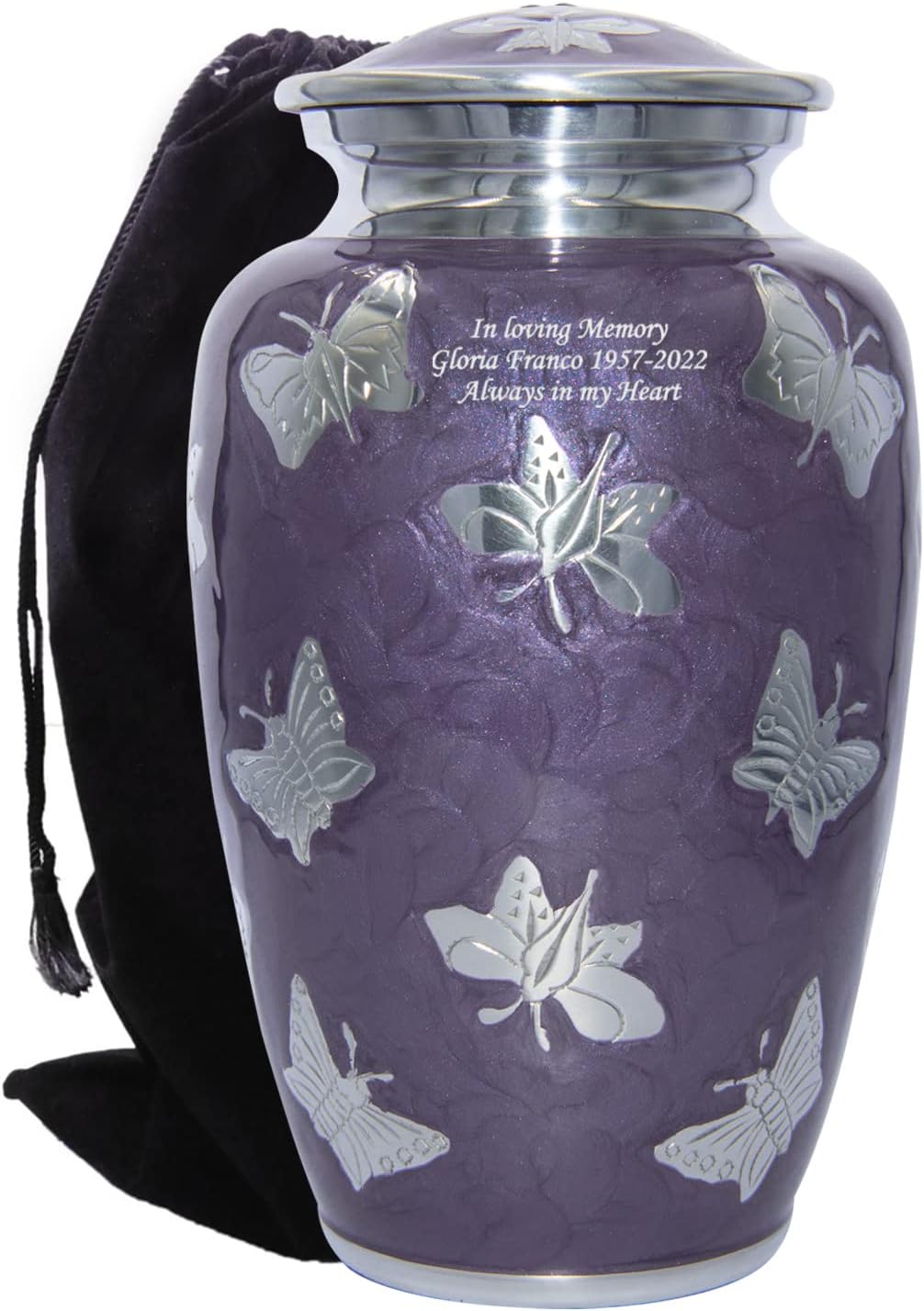 Custom Large Purple Butterfly Cremation Urn with Velvet Bag and Personalization