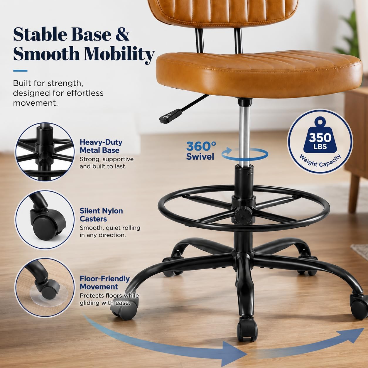 Simple Deluxe Armless Drafting Chair, Low Back PU Leather Office Seat with Footrest Ring, Swivel Rolling Stool for Standing Desk, Studio, Lab, Counter and Small Spaces, Brown