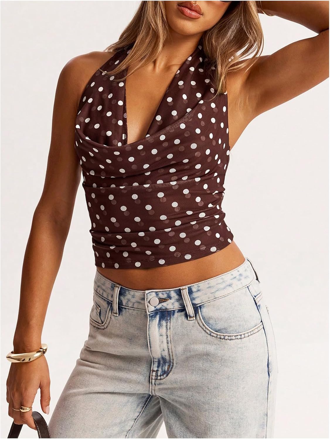 MakeMeChic Women's Halter Polka Dots Top Y2k Going Out Tops Backless Deep V Cowl Neck Tops - Image 5