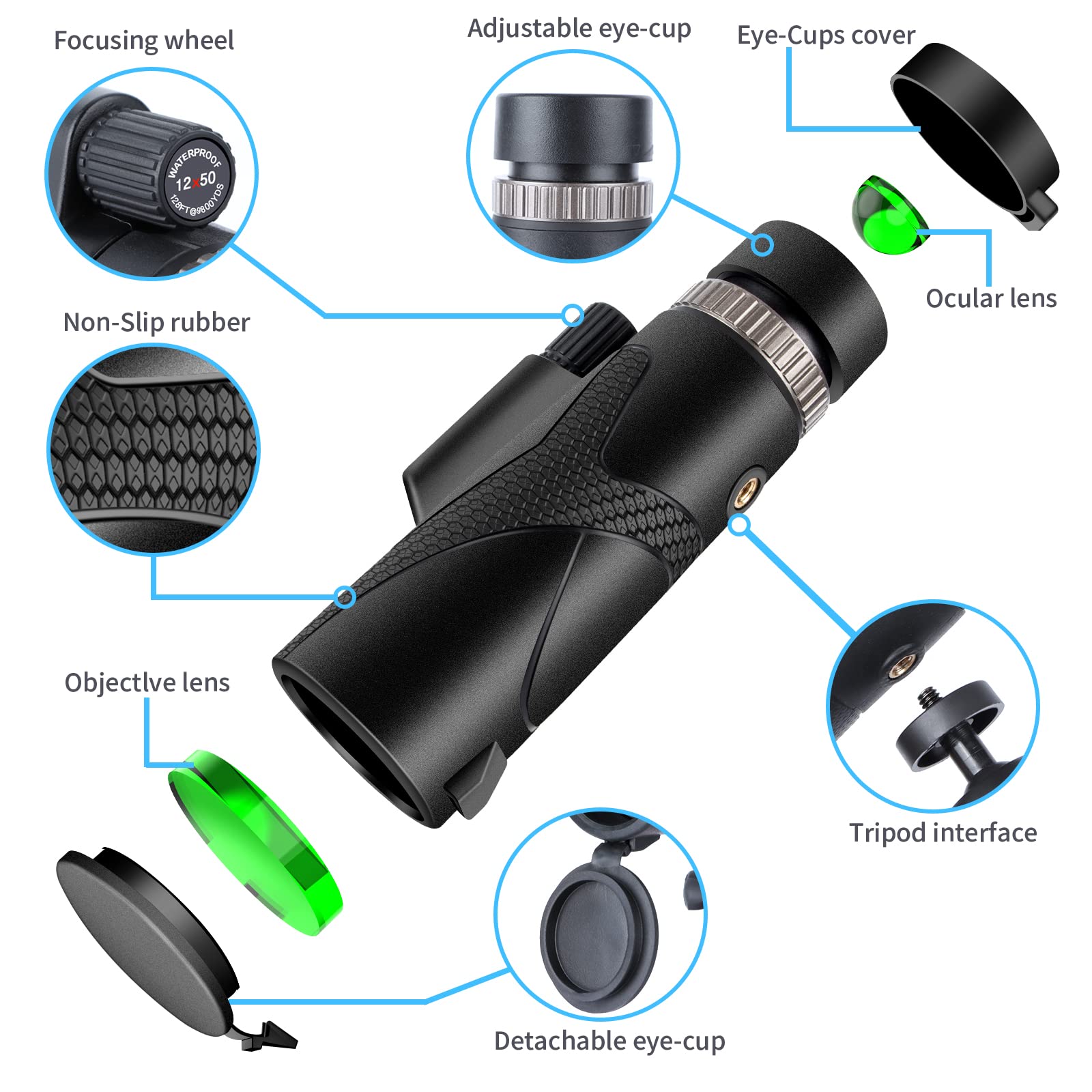 12X50 HD Telescopio Monocular Para Adultos con Soporte para Teléfono Inteligente y Trípode Actualizado, BAK4 Prism de Mano Impermeable para Senderismo Observación de aves Caza Camping