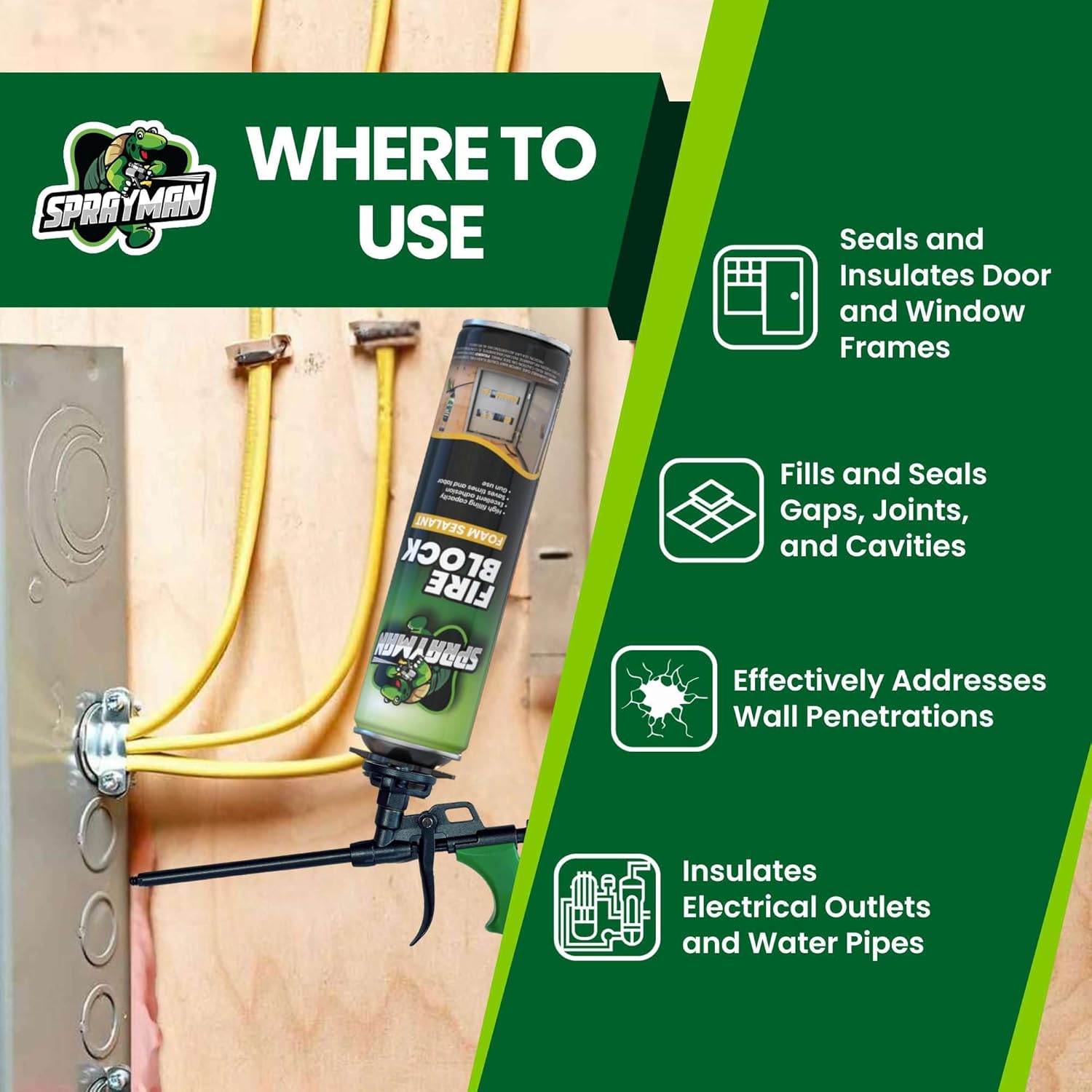 Sprayman Orange Fire Block Expanding Spray Foam - (12x20oz) Professional Gun Use Polyurethane Spray for Electrical Outlets & Water Pipes, B2 Fire Rated Foam - Gun Not Included - 12 Pack