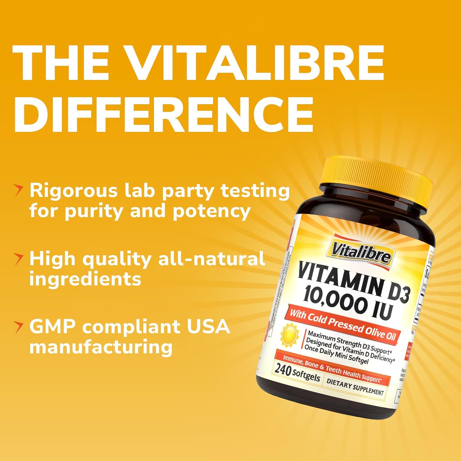 Vitalibre Maximum Strength Vitamin D3 10,000 IU (250mcg), Highly Bioavailable, with Cold Pressed Olive Oil, Immune, Bone & Teeth Health Support, No Soy, Sunshine Vitamin, 240 Mini Softgels