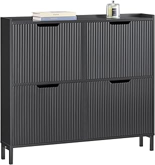 Narrow Shoe Rack with 4 Flip Drawers Slim Wooden Shoe Storage Cupboard for Hallway Entrance Foyer or Understairs Black W100 x D19 x H91cm FSR177-L-SCH