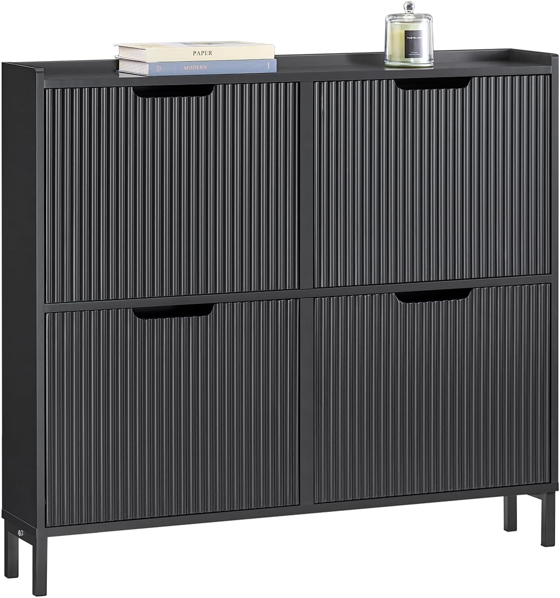 SoBuy Narrow Shoe Rack with 4 Flip Drawers Slim Wooden Shoe Storage Cupboard for Hallway Entrance Foyer or Understairs Black W100 x D19 x H91cm FSR177-L-SCH