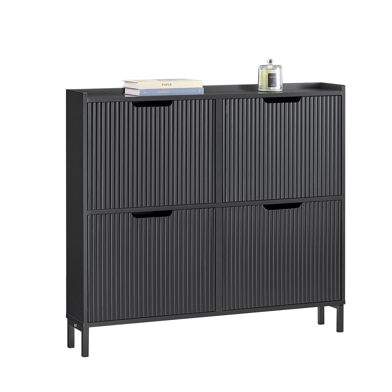 SoBuy Narrow Shoe Rack with 4 Flip Drawers Slim Wooden Shoe Storage Cupboard for Hallway Entrance Foyer or Understairs Black W100 x D19 x H91cm FSR177-L-SCH