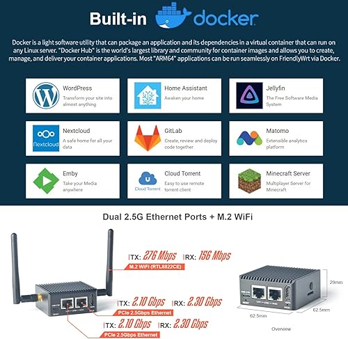 Miniatura 6 de Nanopi R5C Mini WiFi Router OpenWRT con Dual PCIe 2.5Gbps Ethernet M.2 Key E Puertos USB 2GB LPDDR4X RAM 32GB eMMC Basado en Rockchip RK3568B2 Soc