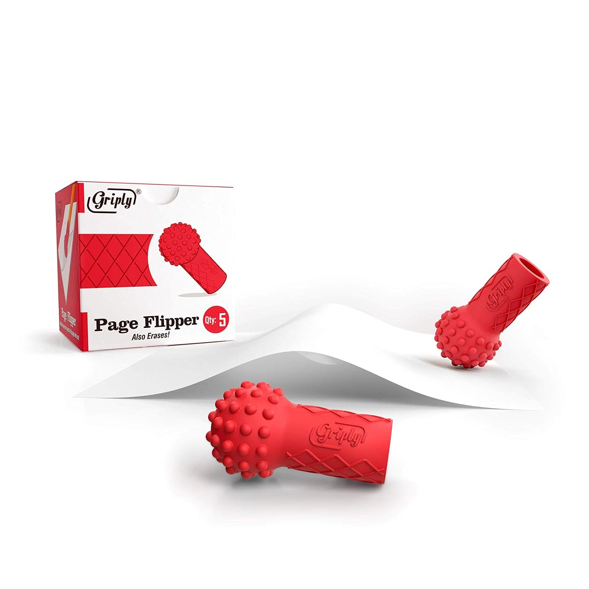 Griply 5-Piece Rubber Page Flipper | Red Pencil Topper & Eraser
