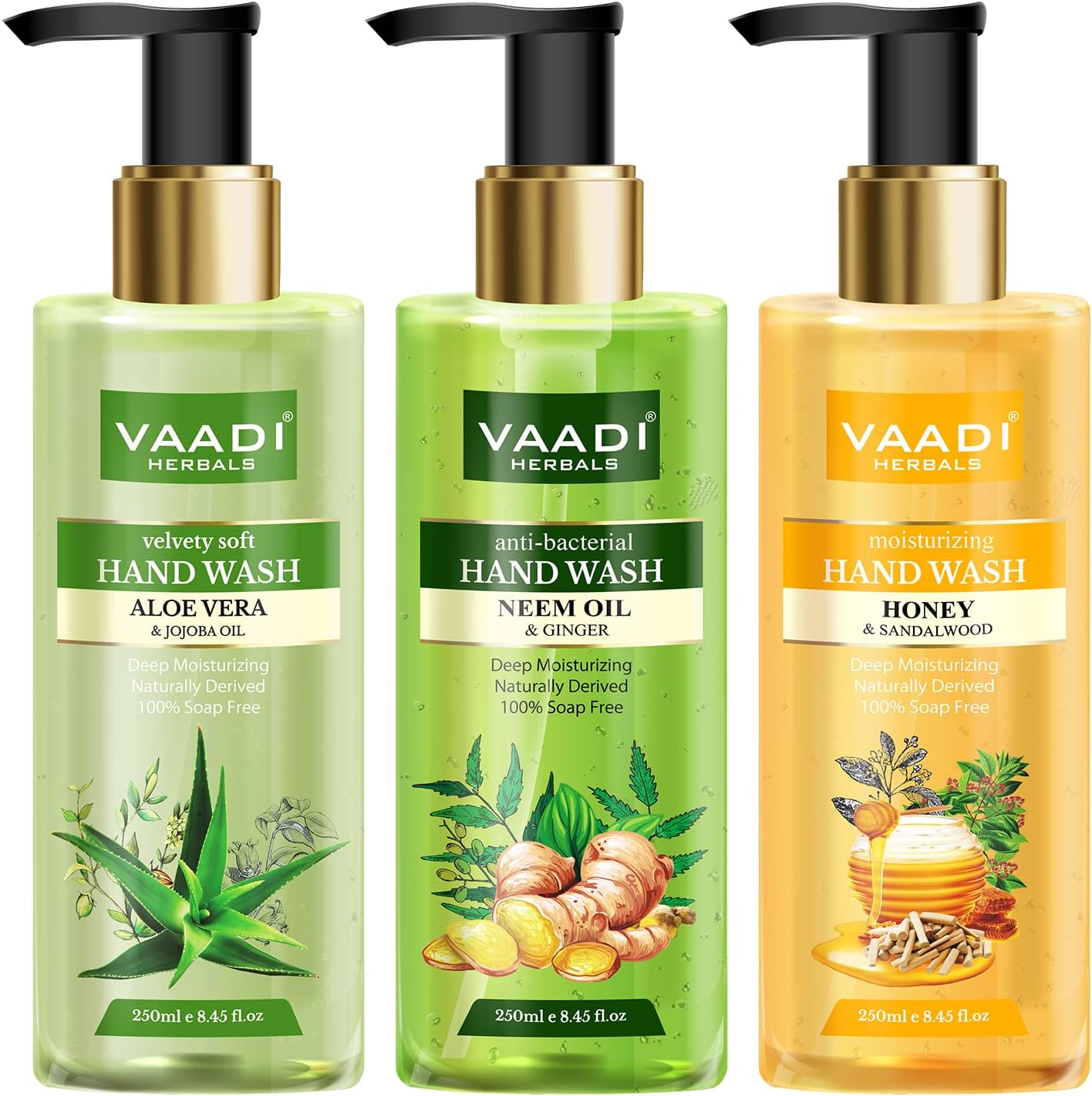 Vaadi Herbals Luxurious Handwash - 250 ml (Pack of 3, Aloe Vera and Jojoba Oil with Neem Oil and Ginger and Honey and Sandal)