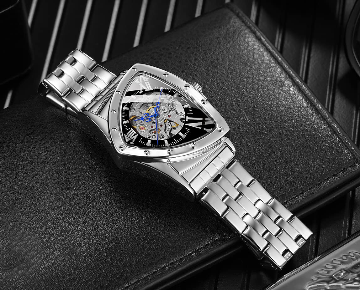 FORSINING Herren-Armbanduhr, 30 m, wasserdicht, Skelett, hohl, automatisch, schillernd, Retro, Dreieck, Armbanduhr