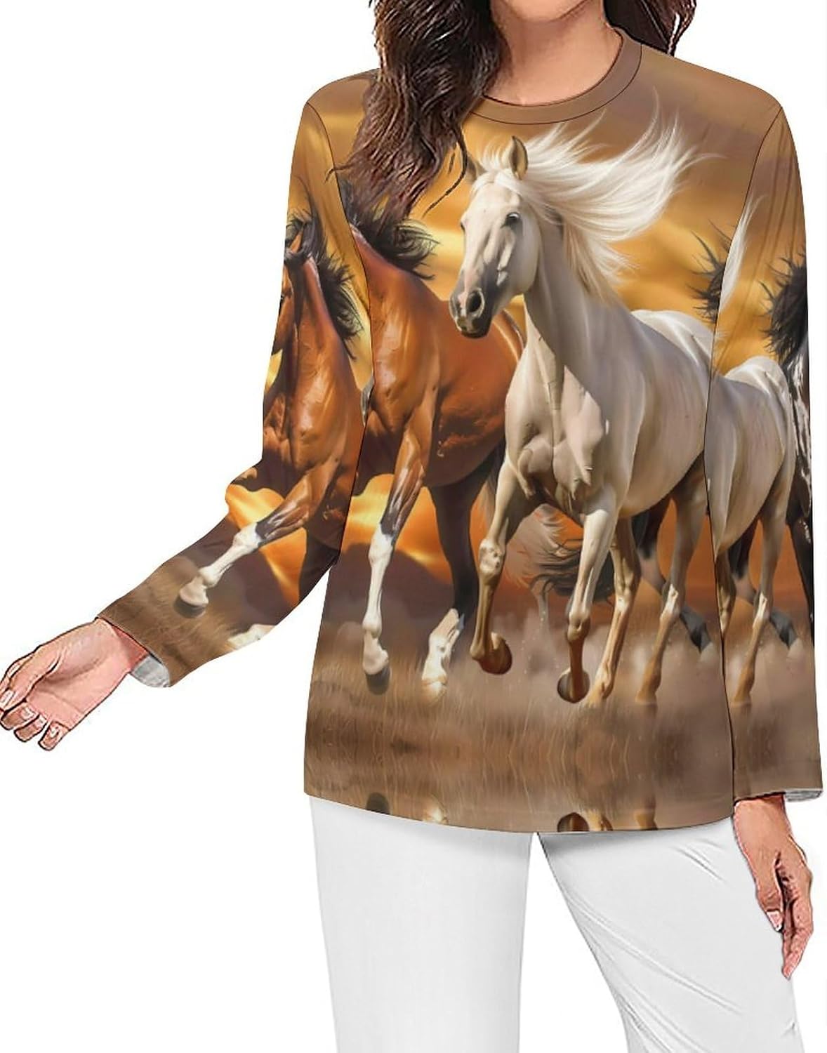 Three Running Horses Women's Pajama Top Sleepwear Pajamas Sleep T-Shirt Long Sleeve Shirt Crewneck Tee