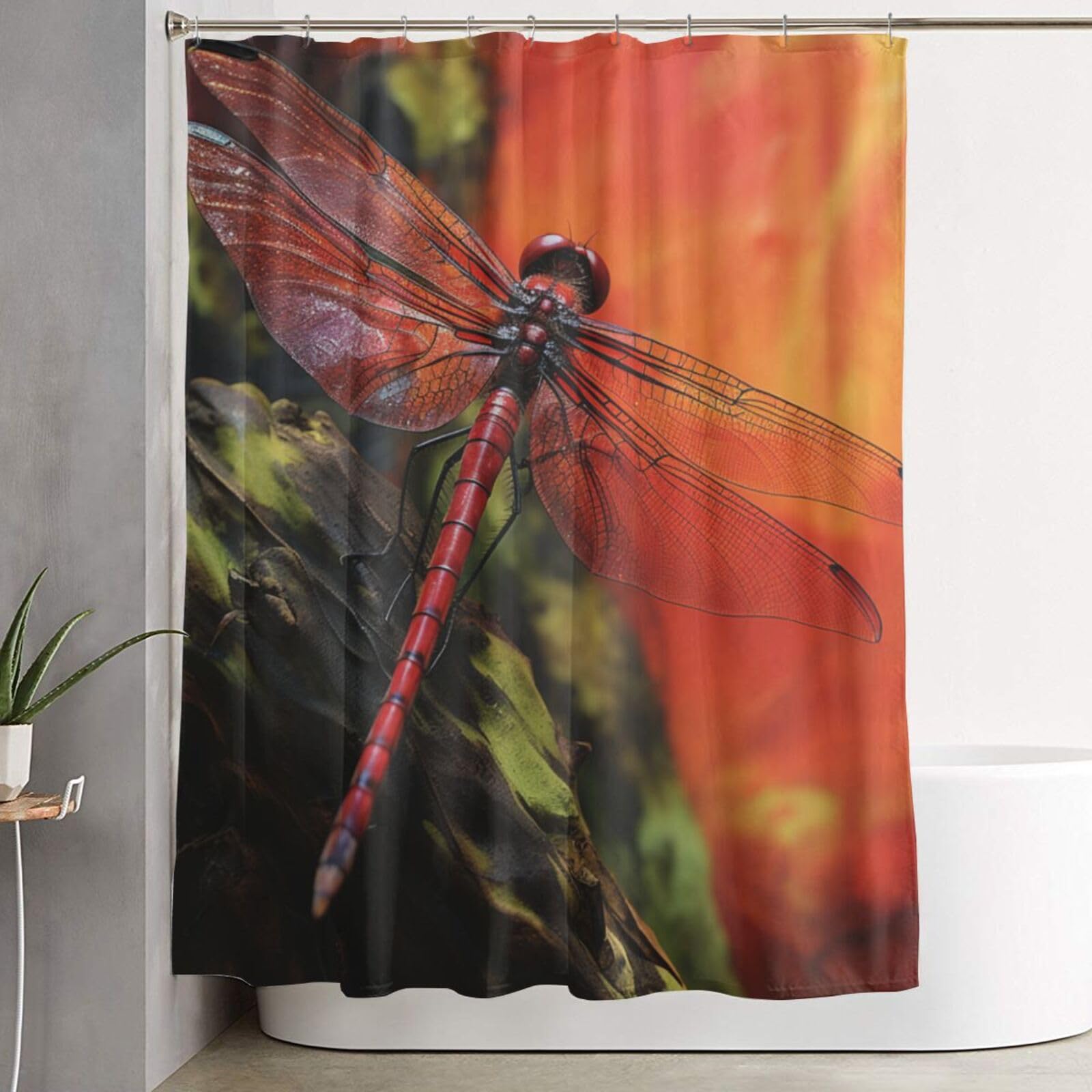 Rideau de douche 12 crochets anti-moisissure rideau de salle de bain décoratif libellule rouge