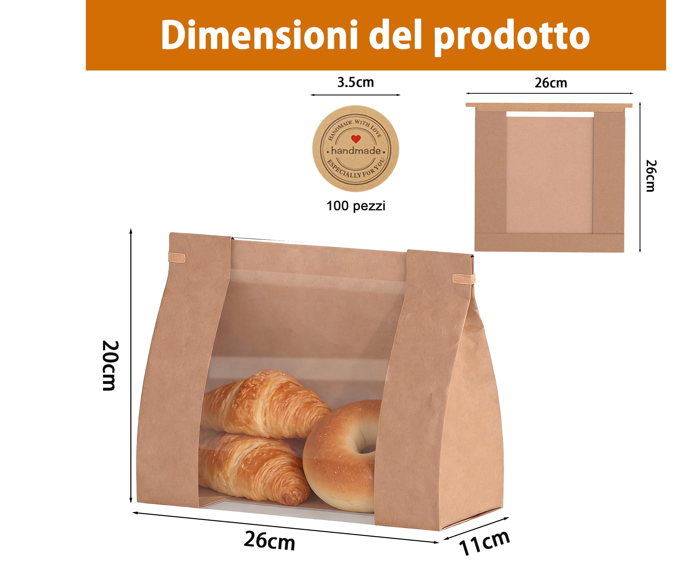 100 Sacchetti Pane Carta 26 x 11 x 26 cm, Addensato Sacchetti di Carta con Finestra Trasparente, Grandi Sacchetto di Cottura con Chiusura a Cravatta di Latta e Adesivi per Toast, Treat