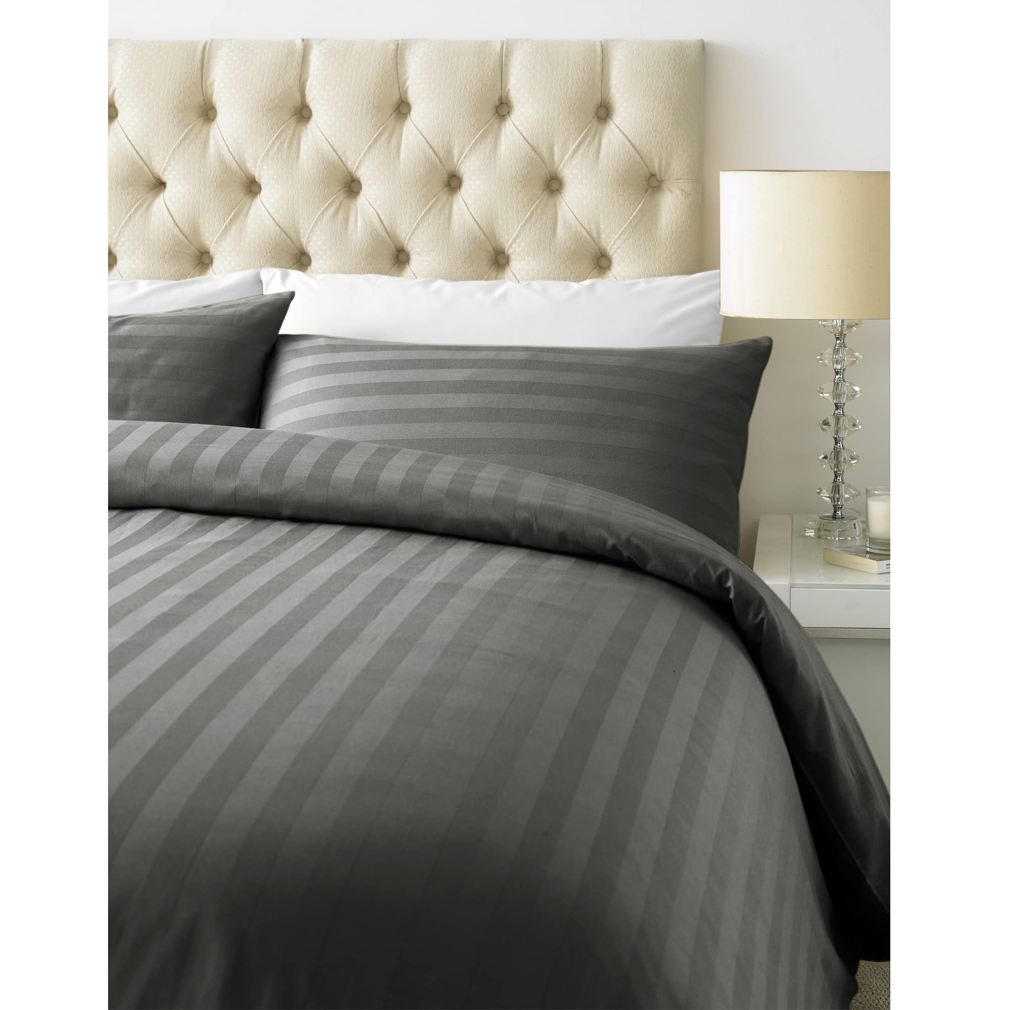 Ed Grey Luxurious 800 Thread Count Cotton Rich Satin Stripe Duvet Bed Cover With Housewife Pillowcases | 800 Tc Hotel Striped Bedding (Single/Steel )
