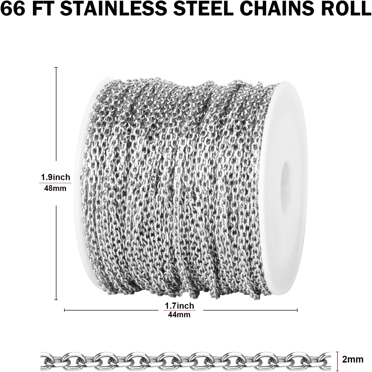 [66 FT] Stainless Steel Rolo Cable Chains Bulk for Jewelry Making, 2mm 304 Stainless Steel Diamond-Cut Oval Cable Links Chains Roll Spool for DIY Craft Jewelry Making - Image 3