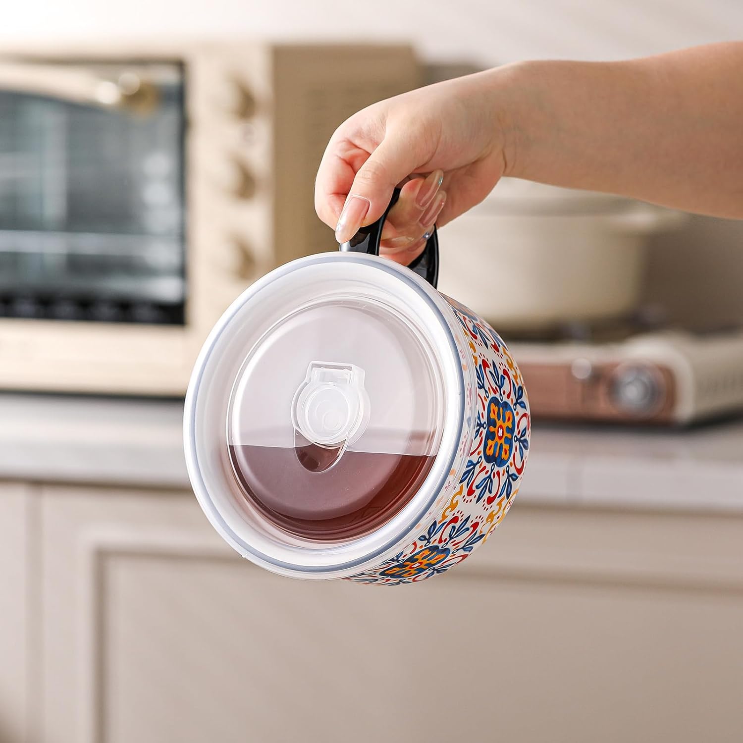 Jumbo Soup Bowl with Lid: 38 oz Ceramic Soup Mug with Big Handle for Ramen Cereal Breakfast Meal Prep Office Lunch Dorm Living - Microwave Safe Extra Large Food Container - 2pcs, Pattern A&C