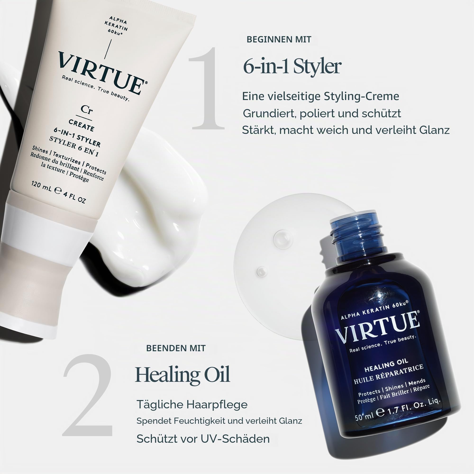 VIRTUE 6-IN-1-Styler-Creme 2 FL OZ | Reisegröße | Alpha-Keratin glänzt, texturiert, repariert, stärkt, spendet dem Haar Feuchtigkeit | Sulfatfrei, Parabenfrei, farbecht, vegan
