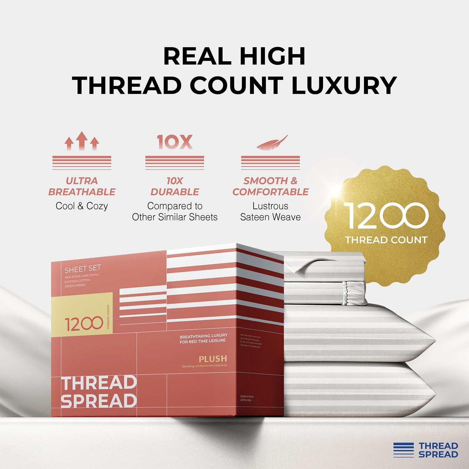 THREAD SPREAD 100% Egyptian Cotton Sheets Queen Size - 1200 Thread Count 4 PC Damask Sheet Set Egyptian Cotton, Sateen Luxury Sheet Queen Size, Soft Sateen Sheets, 17" Deep Pocket - White Stripe - Image 2