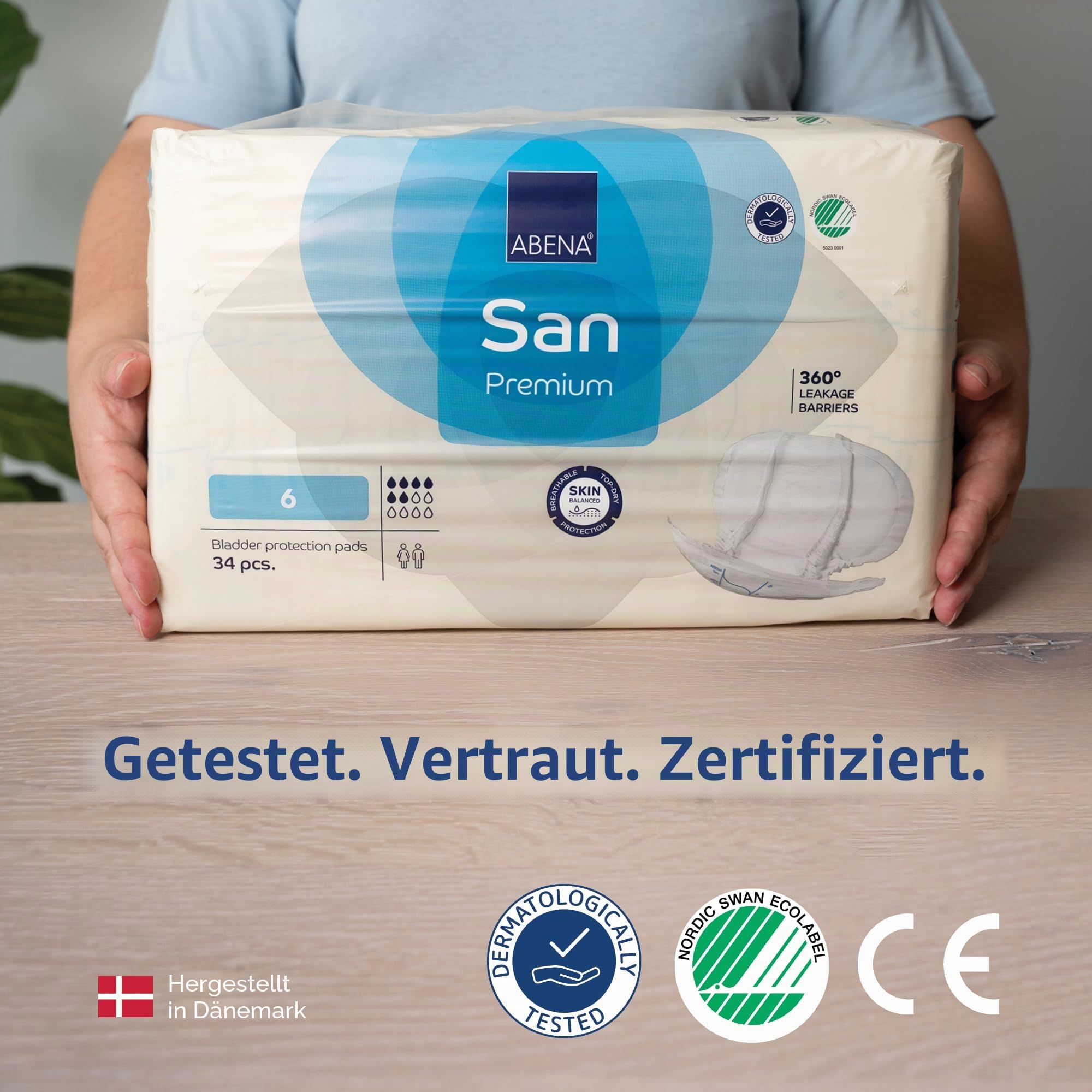 ABENA San 6 Premium Inkontinenzeinlagen MONATSPAKET (34 x 3 = 102 Stück) für Damen und Herren, 1600 ml Saugfähigkeit, schnell einziehende, diskrete und anatomische einlagen für Männer/Frauen | Monatspaket 102 Stück (34 x 3), 1600 ml Saugfähigkeit, Schnell