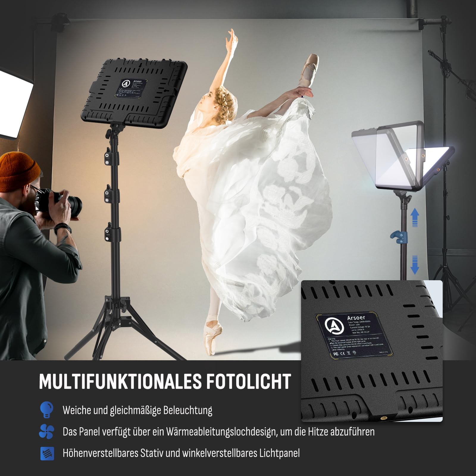 Video Licht Set, 2-Pack 25x20 cm 15 W LED Studio Fotolicht, Dimmbares 2800–6500K Kamera Licht für Video/Streamen von Selfies/Porträts im Innenbereich, Licht mit 160cm Stativ/TypC Adapter (2-Pack)