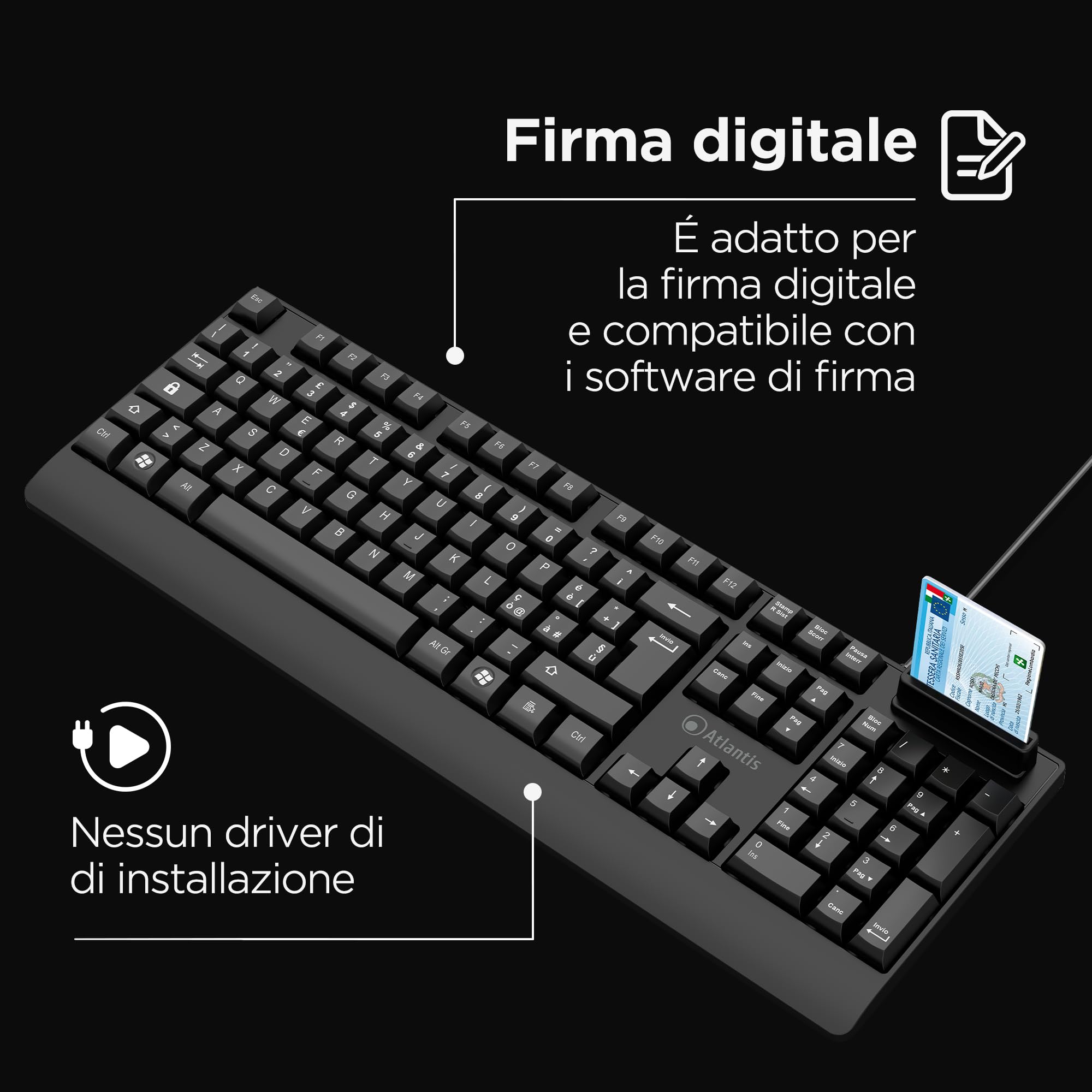 Atlantis Teclado con lector de tarjetas inteligentes integrado, QWERTY italiano, lectura CNS, CRS, tarjeta de salud, firma digital, puerto USB, cable de 1,5 m - negro