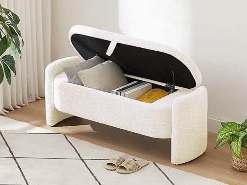 L"KeKe Banco de almacenamiento ovalado de 47 pulgadas, otomano de tela polar de cordero con gran espacio de almacenamiento y bisagras de seguridad