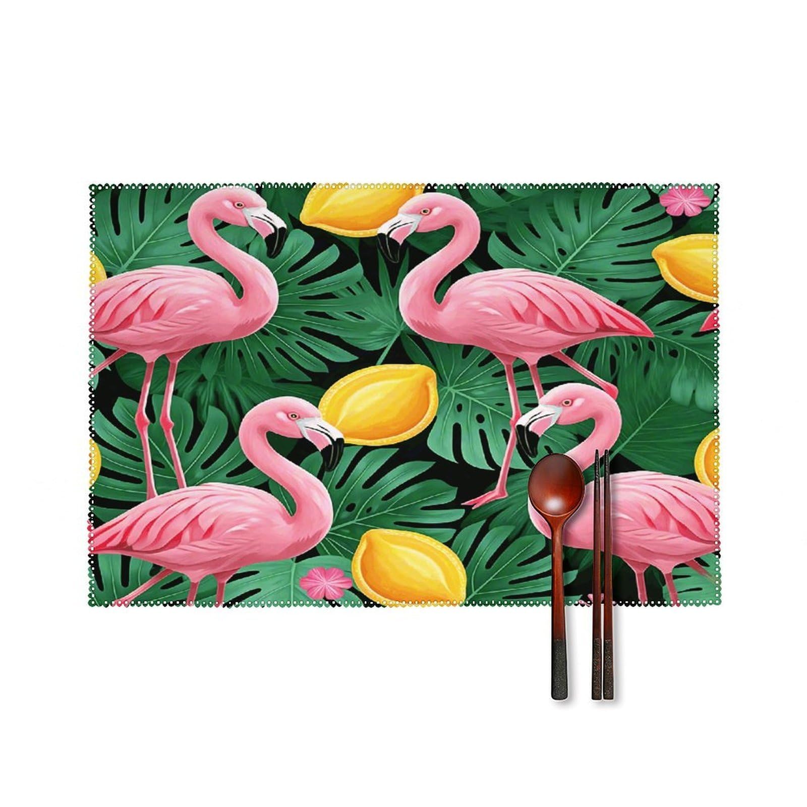 Cute Flamingo Placemats Set of 6 Non-Slip Stain Resistant Indoor Outdoor Table Mat Washable Cloth Place Mat Fashion Kitchen Placemat for Dining Table Decoration 17.7x11.8 in
