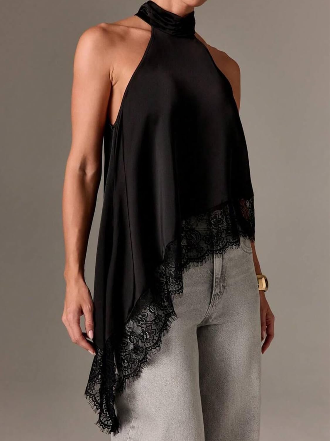 Women's Y2K Satin Tops Lace Trim Mock Neck Sleeveless Tank Tops Asymmetrical Hem Going Out Flowy Halter Top - Image 3